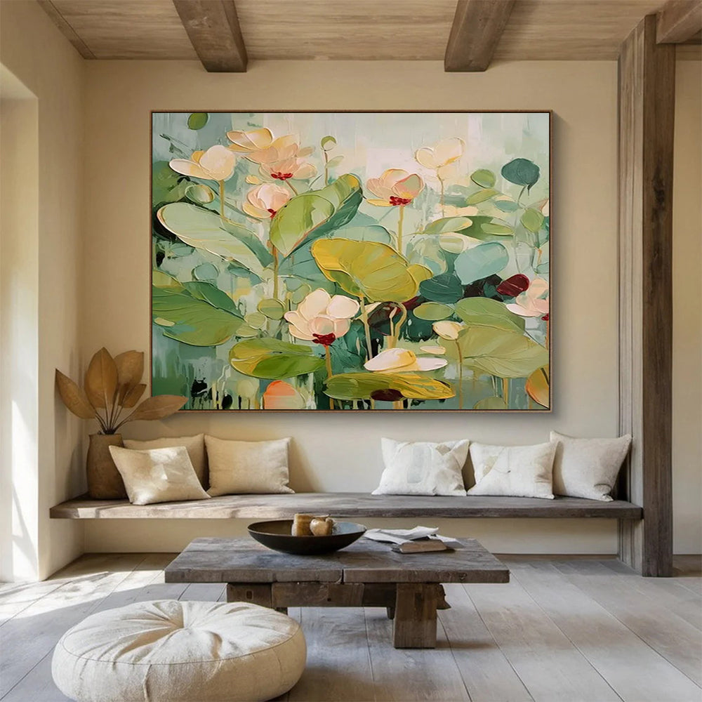 “Soft - Hued Lotus Pond” Pastel Floral Painting On Canvas DLZ089