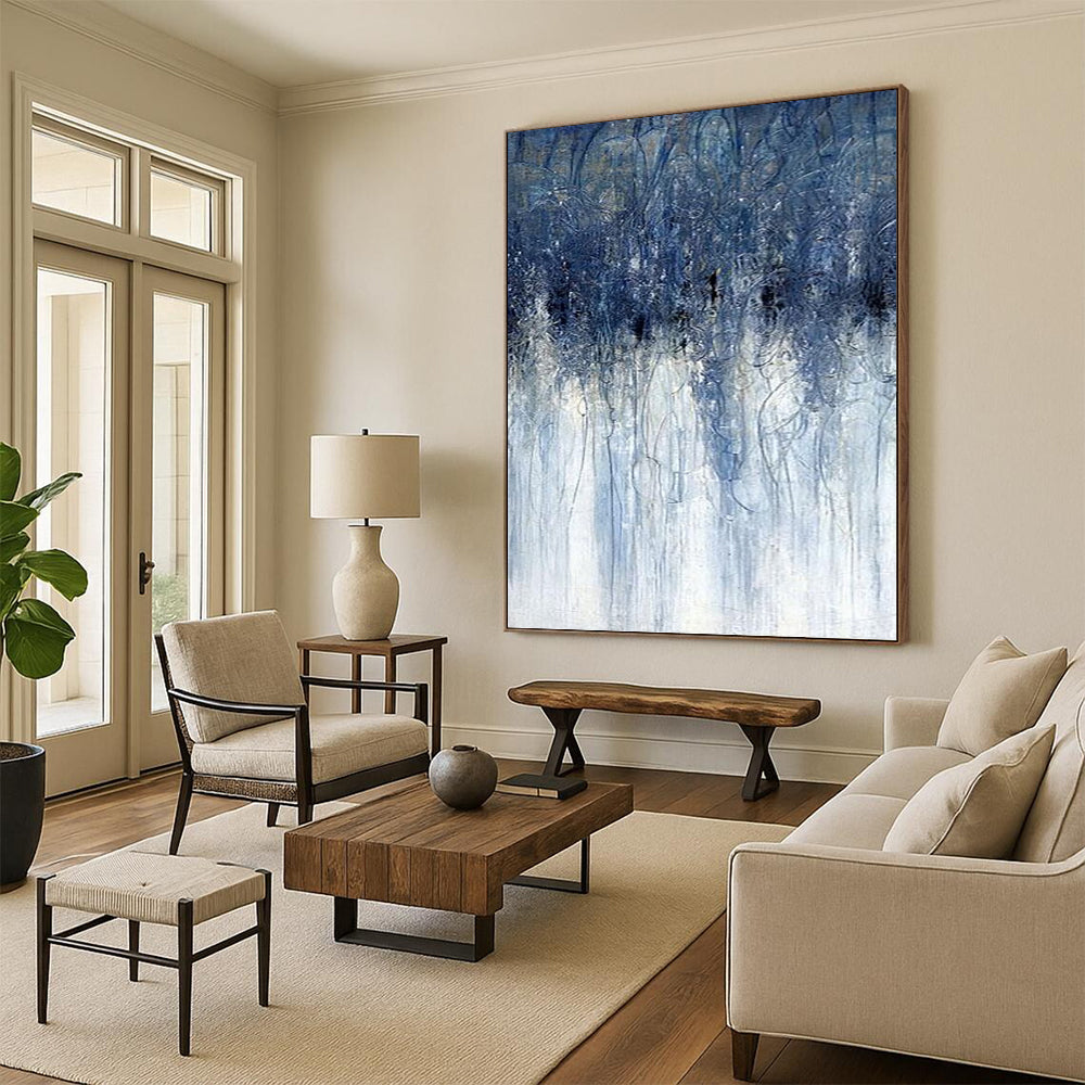 “Dripping Blues” - Blue & White Abstract Vertical Streaks Painting On Canvas DKH1537
