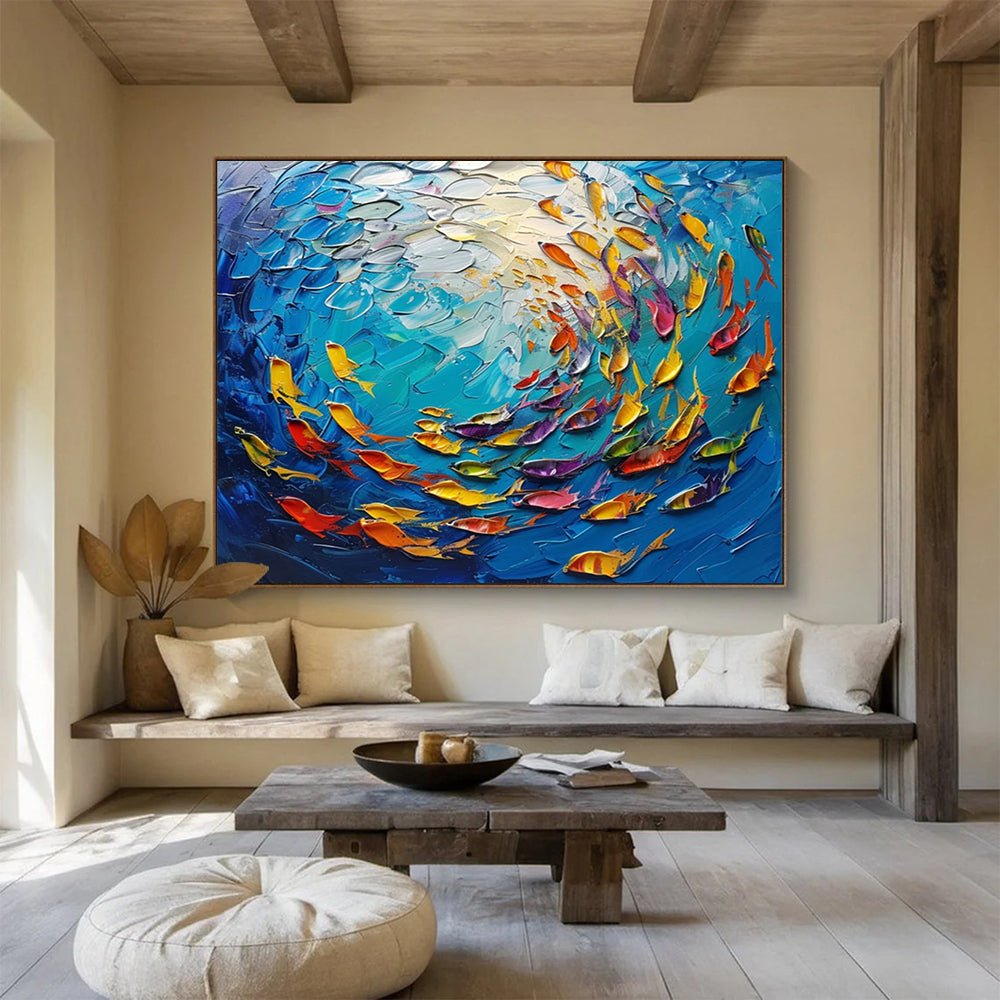 Textured Fish in Blue Sea - Impasto Marine Painting On Canvas DLZ199
