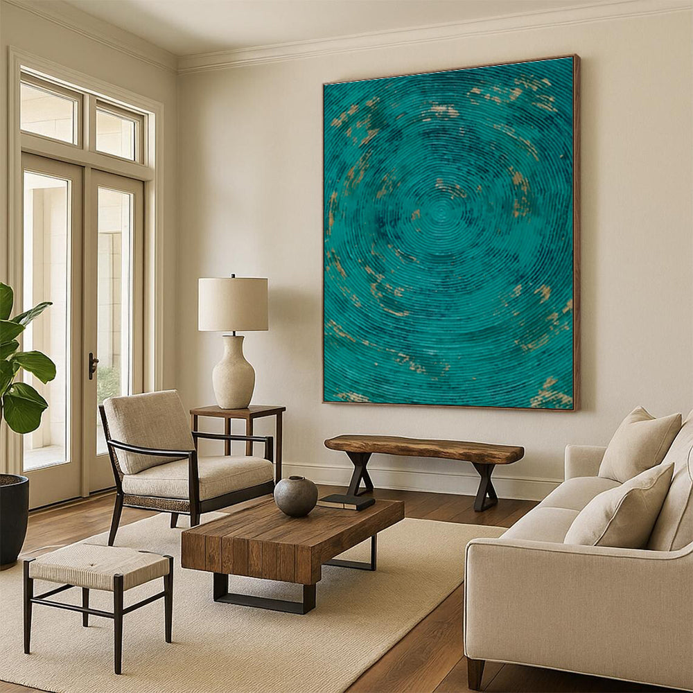 “Teal Circles with Gold” ,Minimalist Abstract Acrylic Art CT0902