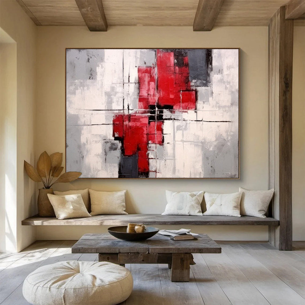 Red Gray and White Geometric Forms Structured Abstract Composition Painting On Canvas DKH269