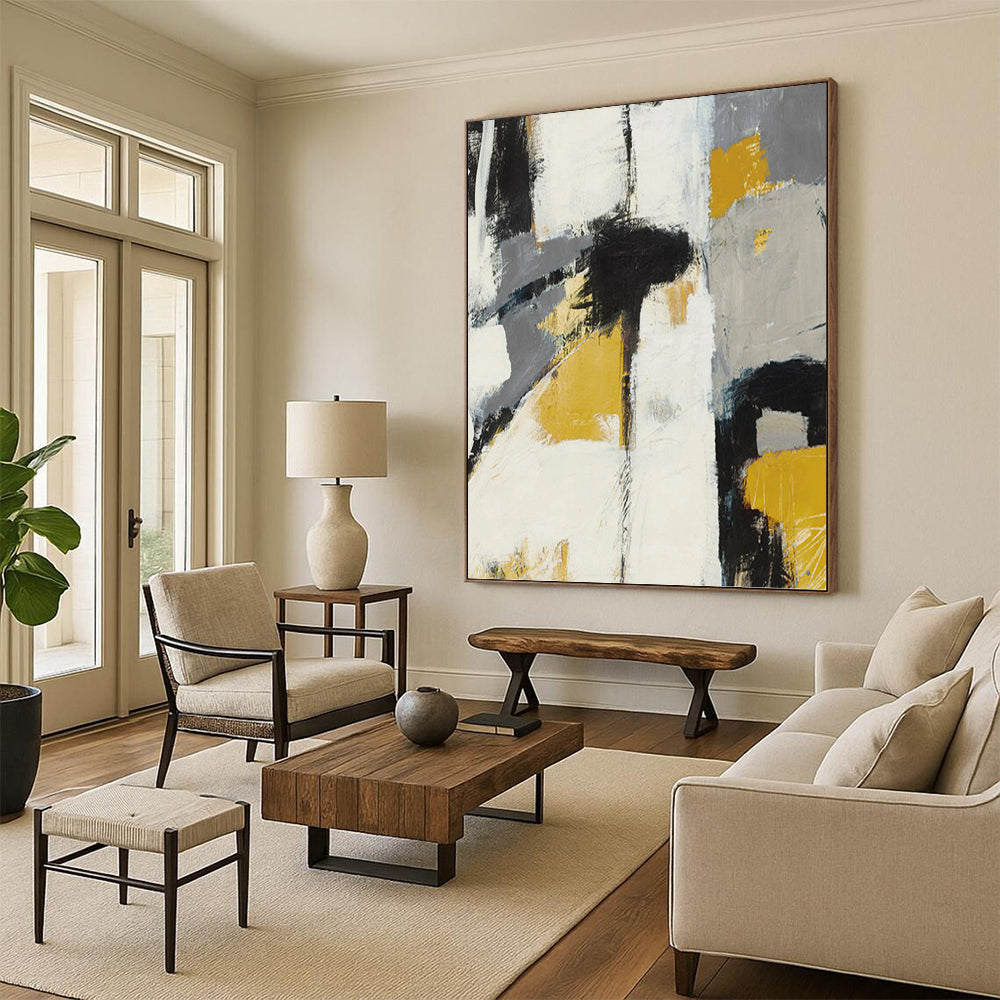 “Bold Neutrals” - Gray, Yellow, Black & White Abstract Block Painting On Canvas DKH1525