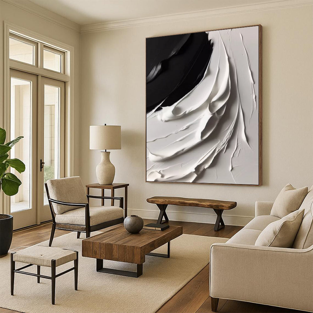 “Curved Black - White Layers” - Abstract Impasto Painting On Canvas DKH1670