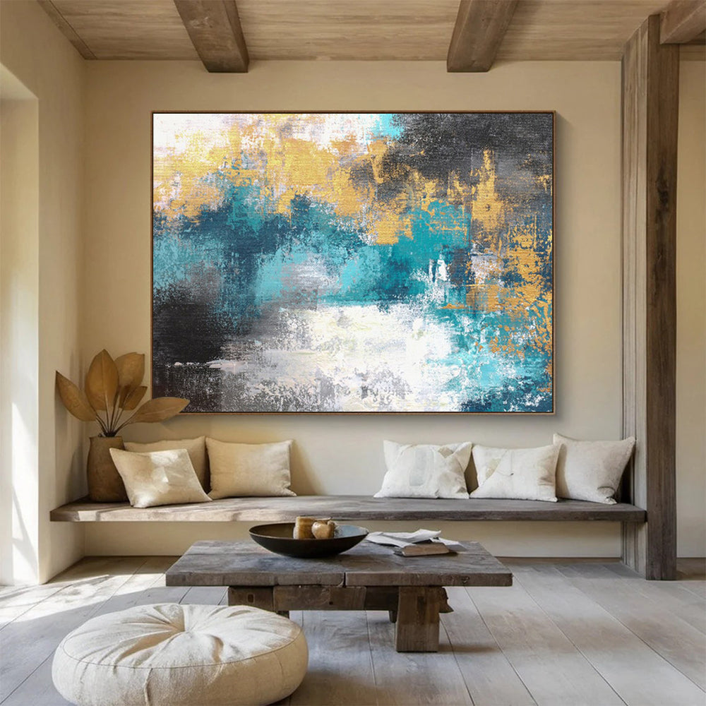 “Teal and Gold Abstract - Textured Blue - Greens and Shimmering Golds” Painting On Canvas DKH004