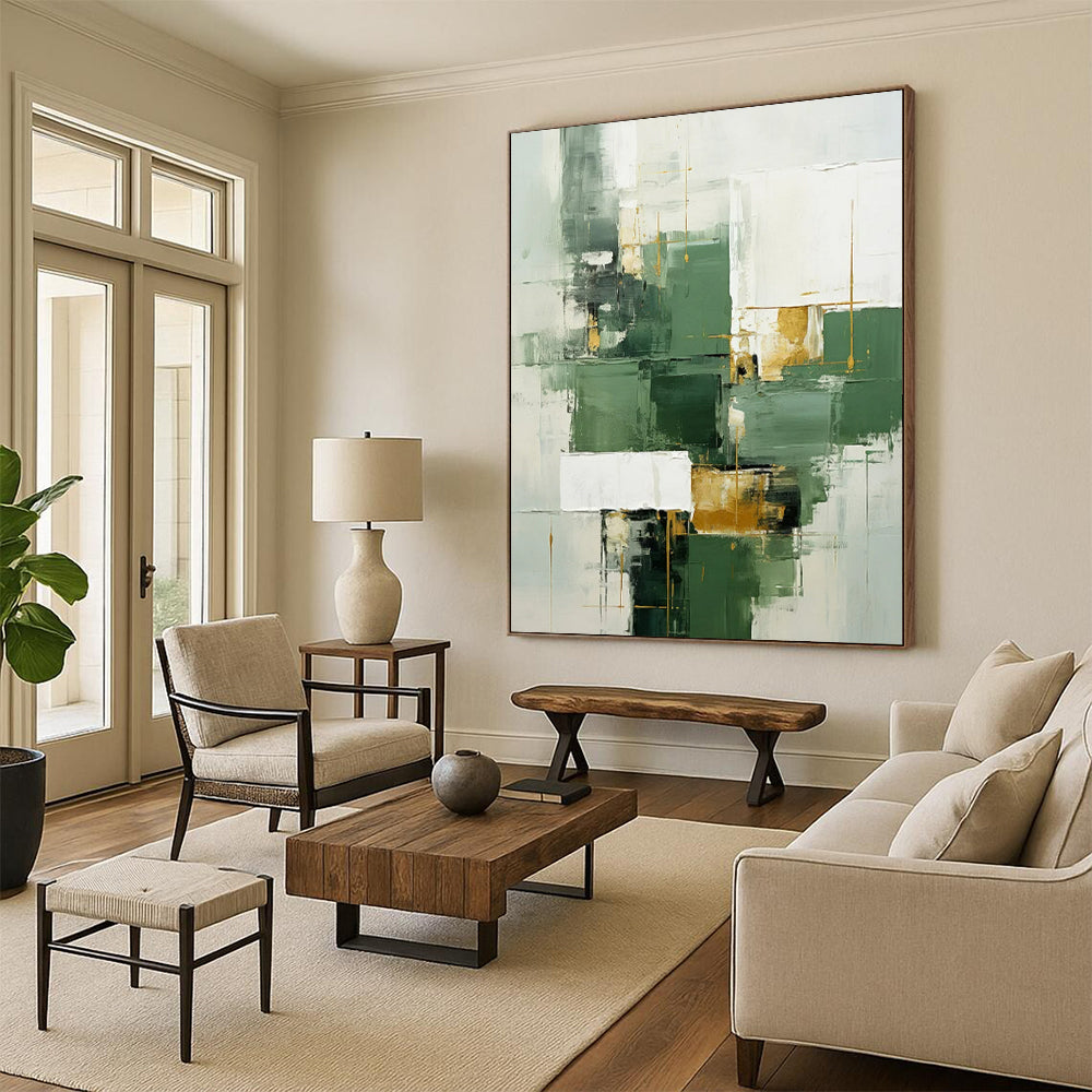 Green, White & Gold Geometric Abstract - Geometric Abstract Painting On Canvas CT2290