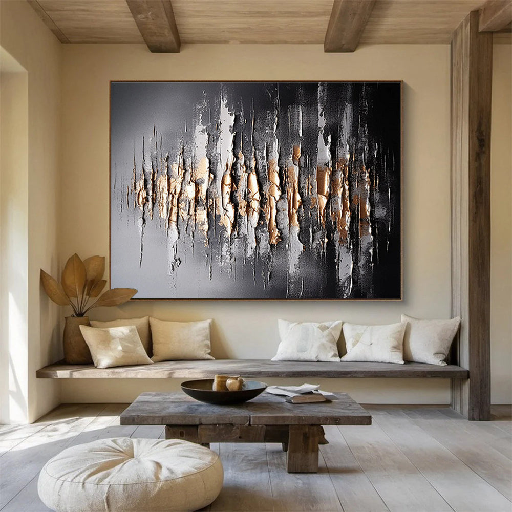 Textured Black and Gold Abstract - Vertical Strokes and Metallic Accents Painting On Canvas DKH041