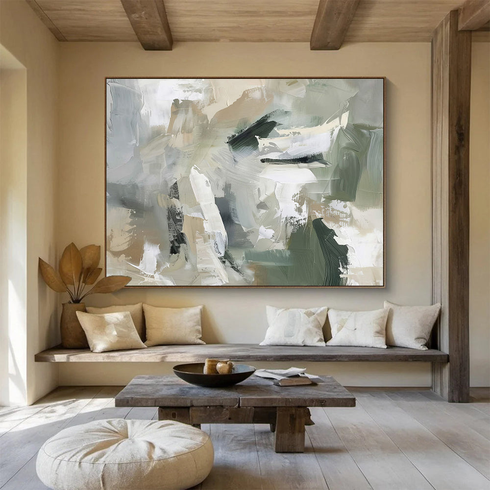 Earth Tones Collide Green Beige Abstract Brushstrokes Painting On Canvas DKH240