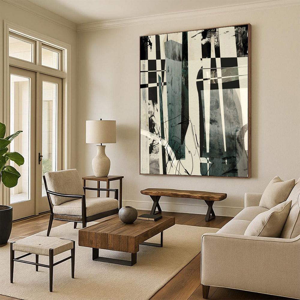 “Checkerboard Abstract Fusion” - Black, White, Gray Abstract Painting On Canvas DTP218