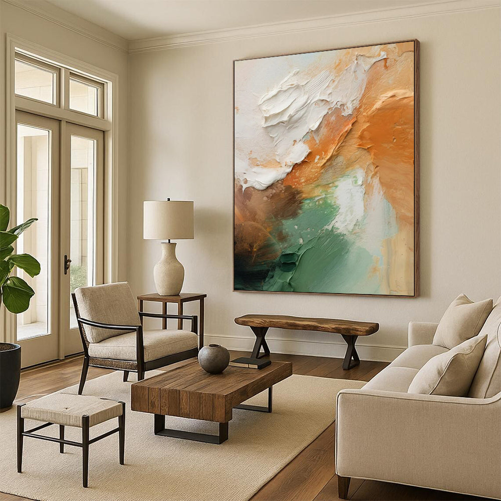 Textured Orange, Green, White & Brown Palette - Abstract Painting On Canvas CT2308