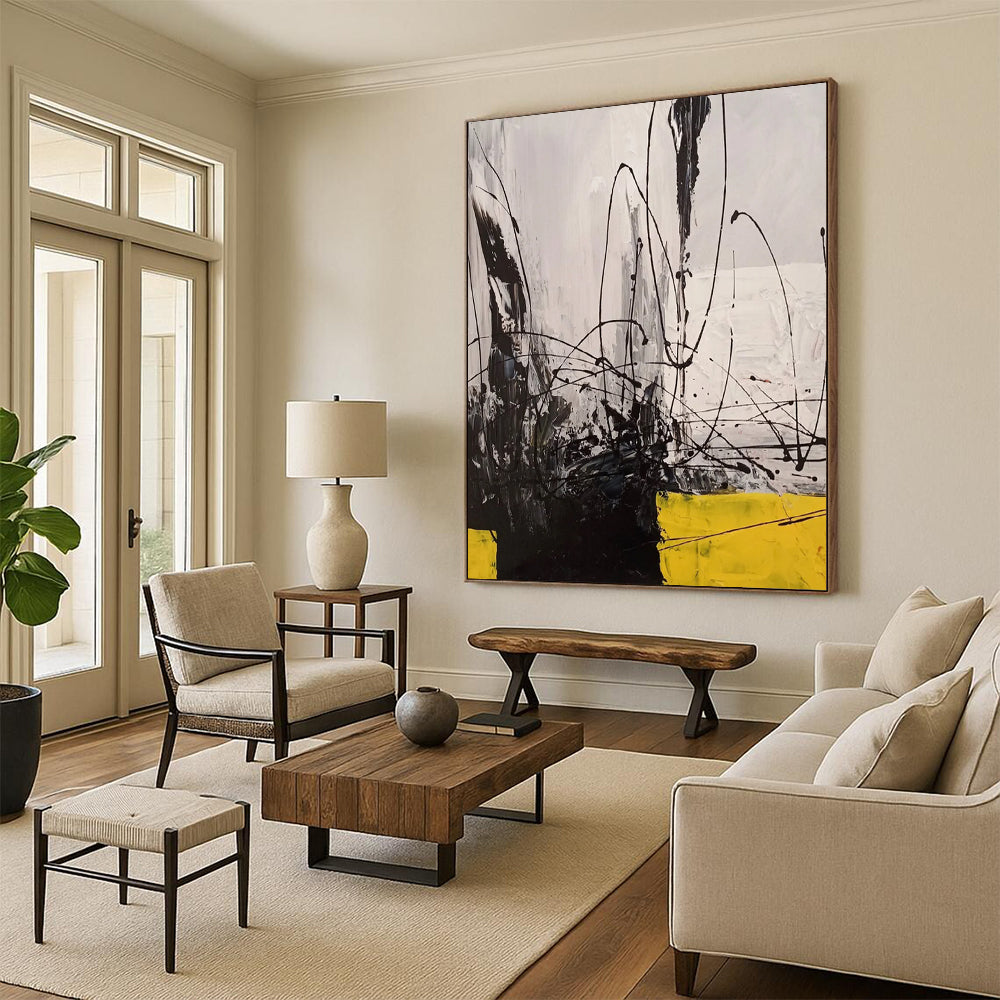 “Black - White - Yellow Abstraction” - Abstract Expressionist Painting On Canvas DTP053