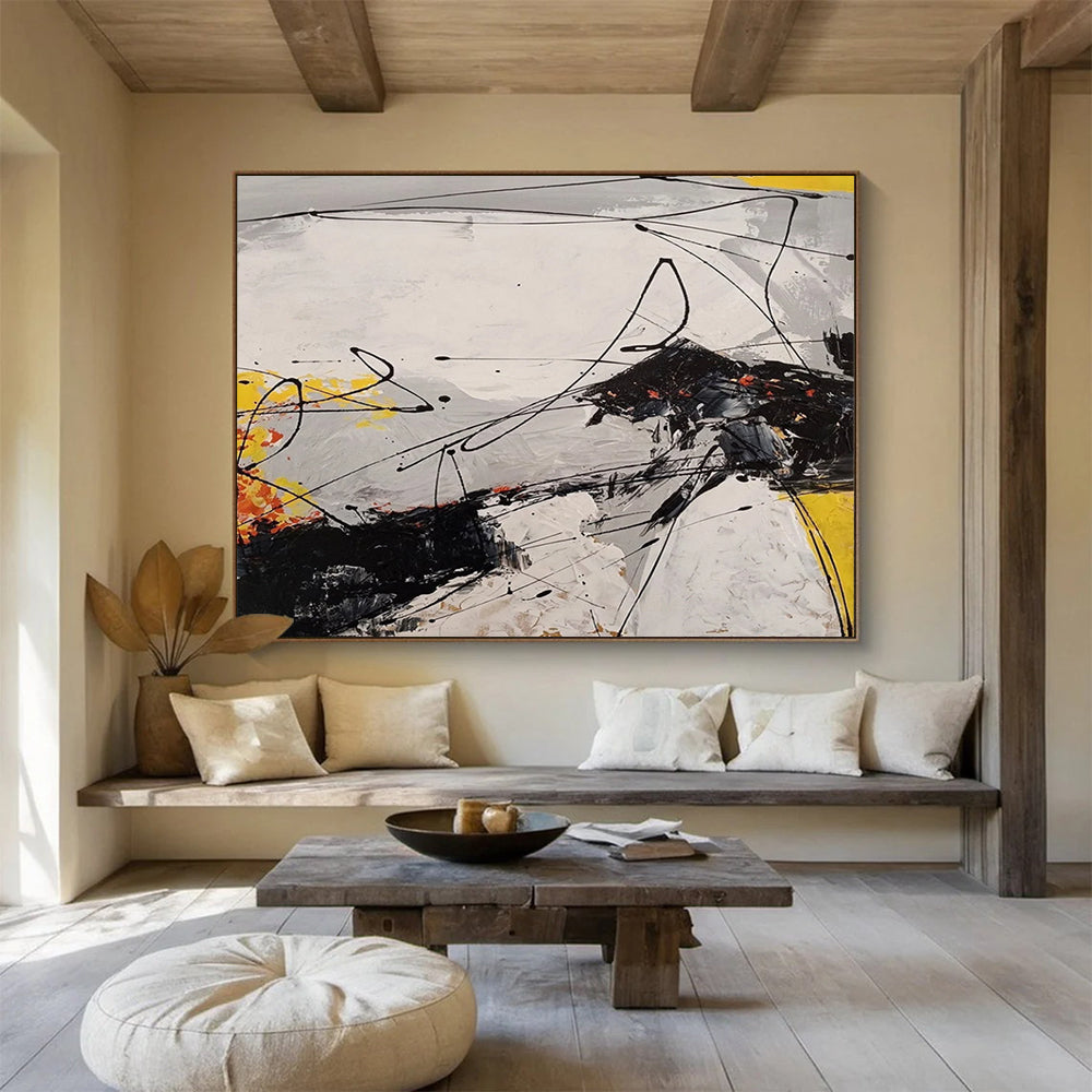 “Black, White, Yellow Gestural ‘Dynamic Dissonance’” - Abstract Gestural Painting On Canvas DLZ030