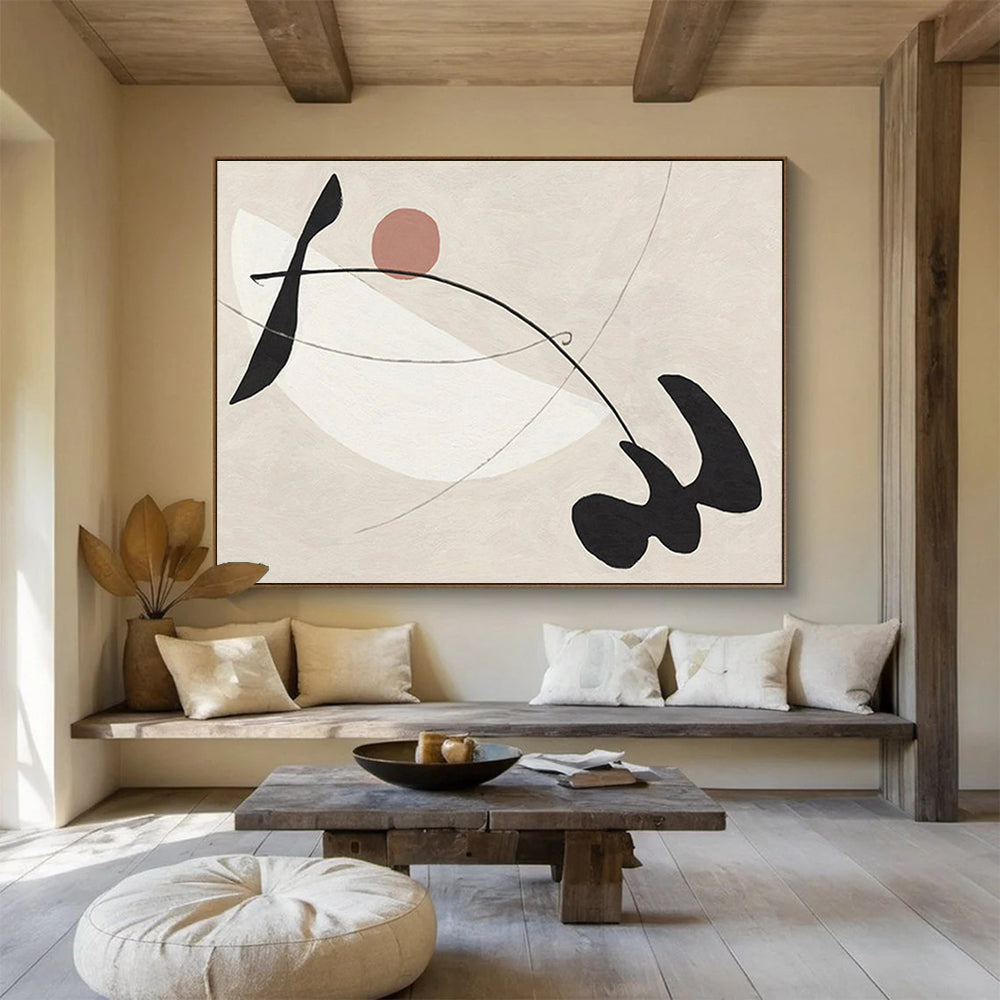 “Curved Shapes in Neutral Tones” - Black, White, Pink Minimalist Abstract Painting On Canvas DKH738