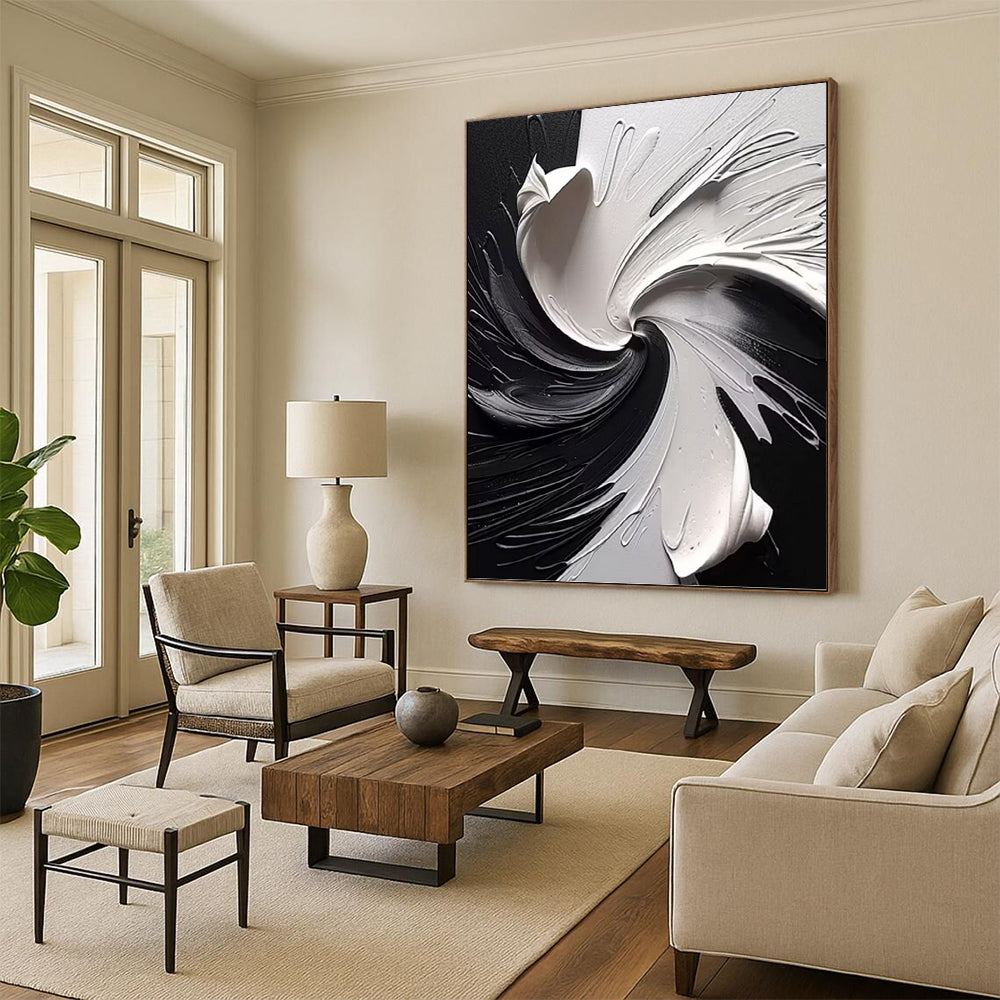 Dynamic Black and White Abstract Swirl - Abstract Painting On Canvas DKH1474