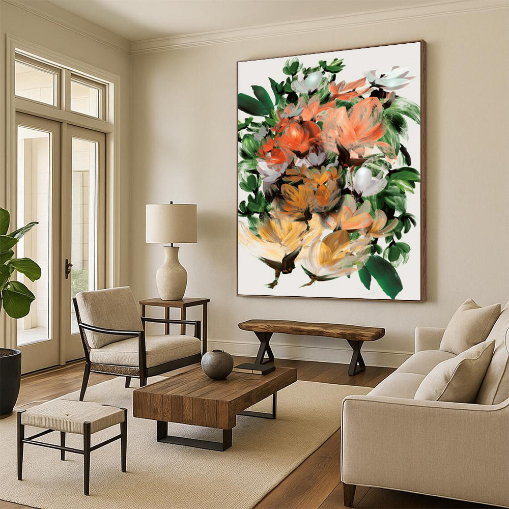 “Lush Floral Bouquet” - Orange, Green, White Abstract Painting On Canvas DTP217