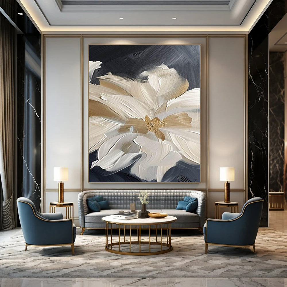 “Textured Beige - White Floral on Black (Close - up)” – Impasto Floral Painting CT1092