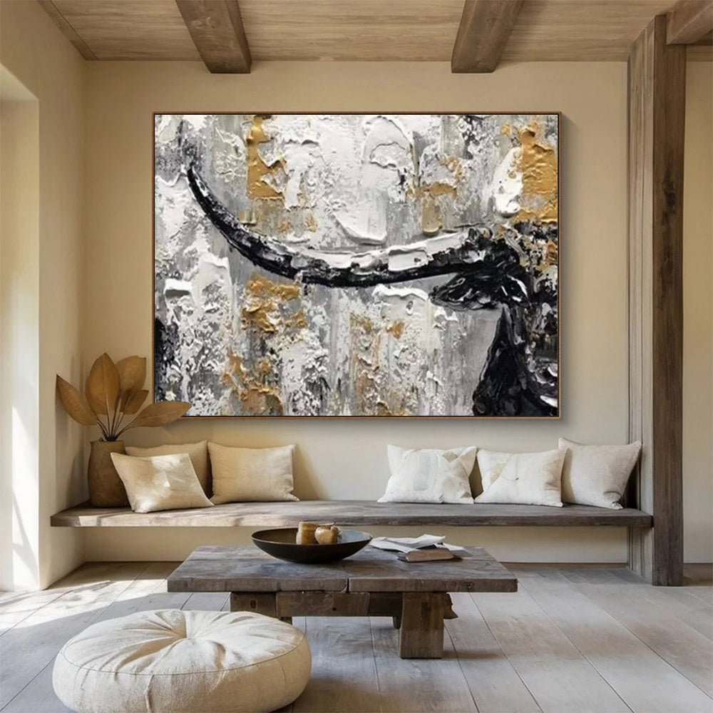 “Black, White & Gold Textured Bull” Abstract Animal Painting On Canvas DKH336