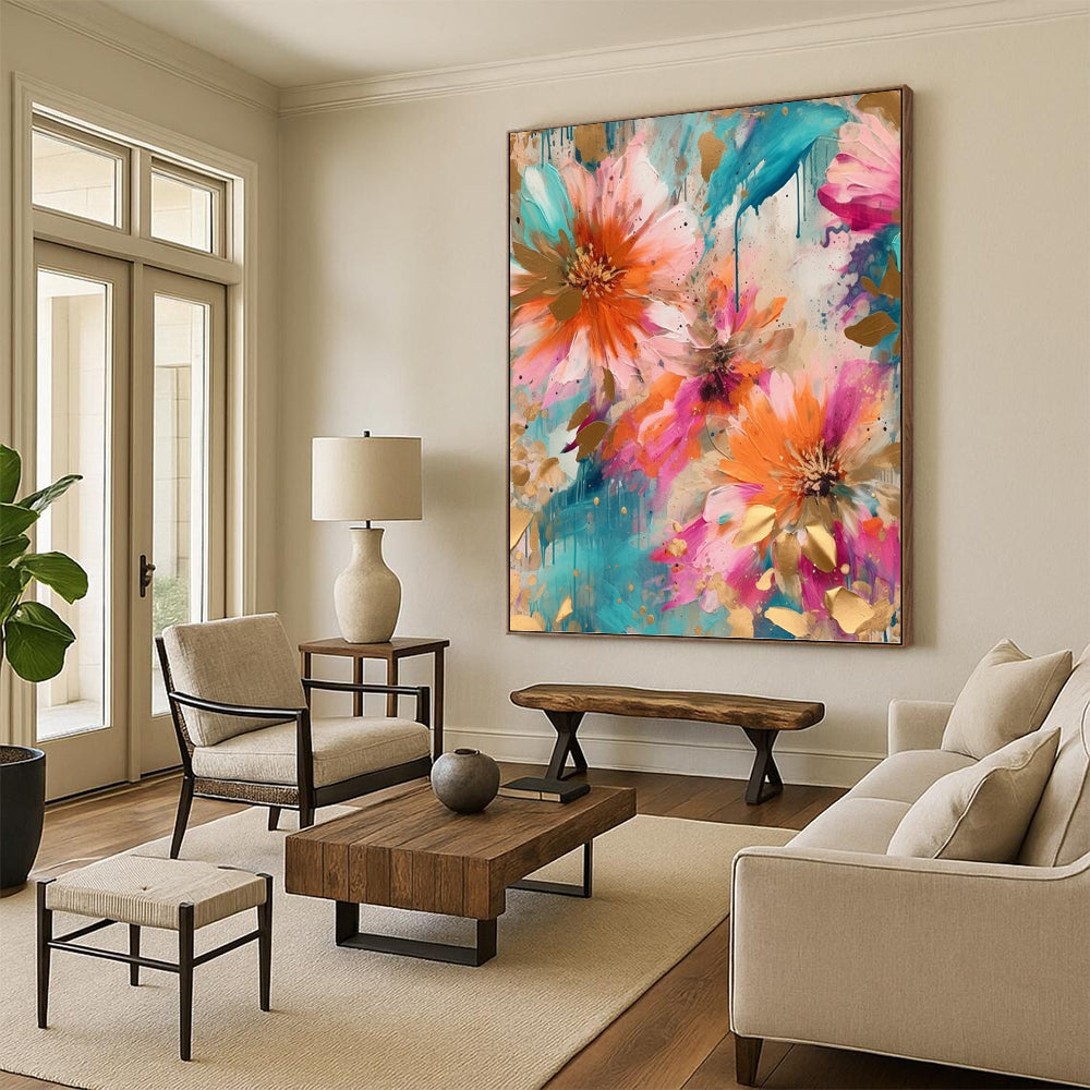 “Teal & Gold Floral Splash with Drips” - Modern Abstract Flower Painting On Canvas DKH1598