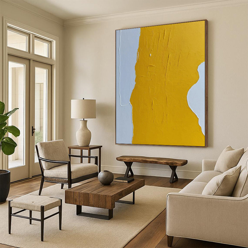 “Yellow, White Minimalist Shape ‘Sunny Simplicity’” - Textured Abstract Painting On Canvas DTP340
