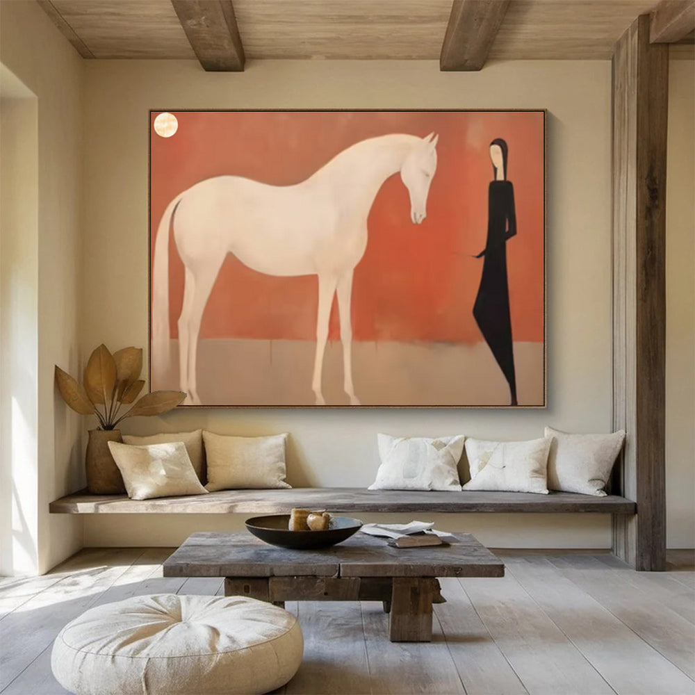 “Moonlit Companions” - White, Black, Red Figurative Oil Painting On Canvas DKH730