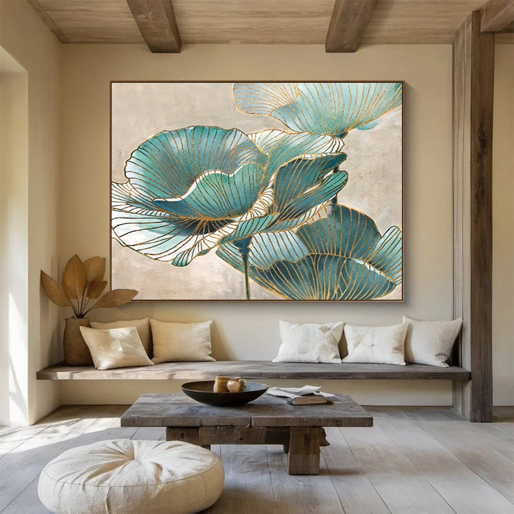 “Blue & Gold Floral Abstract” Abstract Decorative Painting On Canvas DKH428