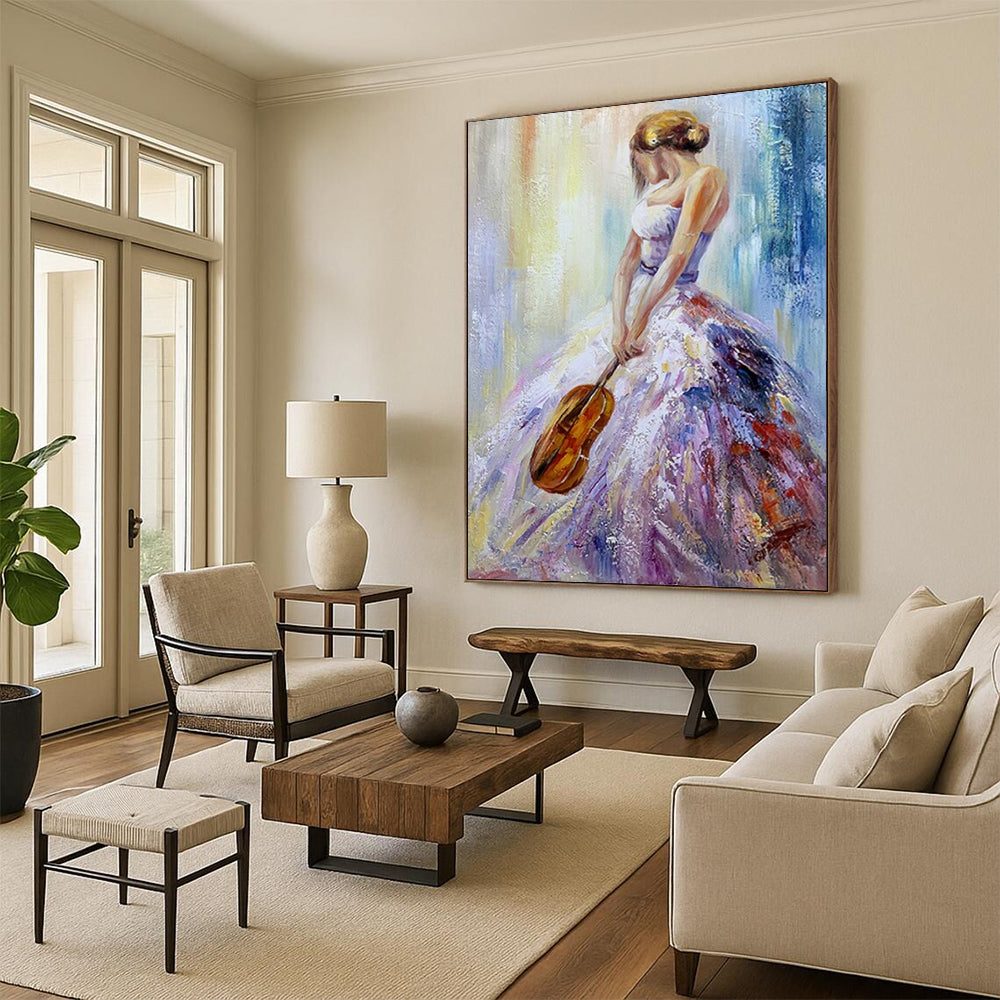 “Colorful Woman with Violin” – Impressionistic Oil Painting On Canvas CT2182