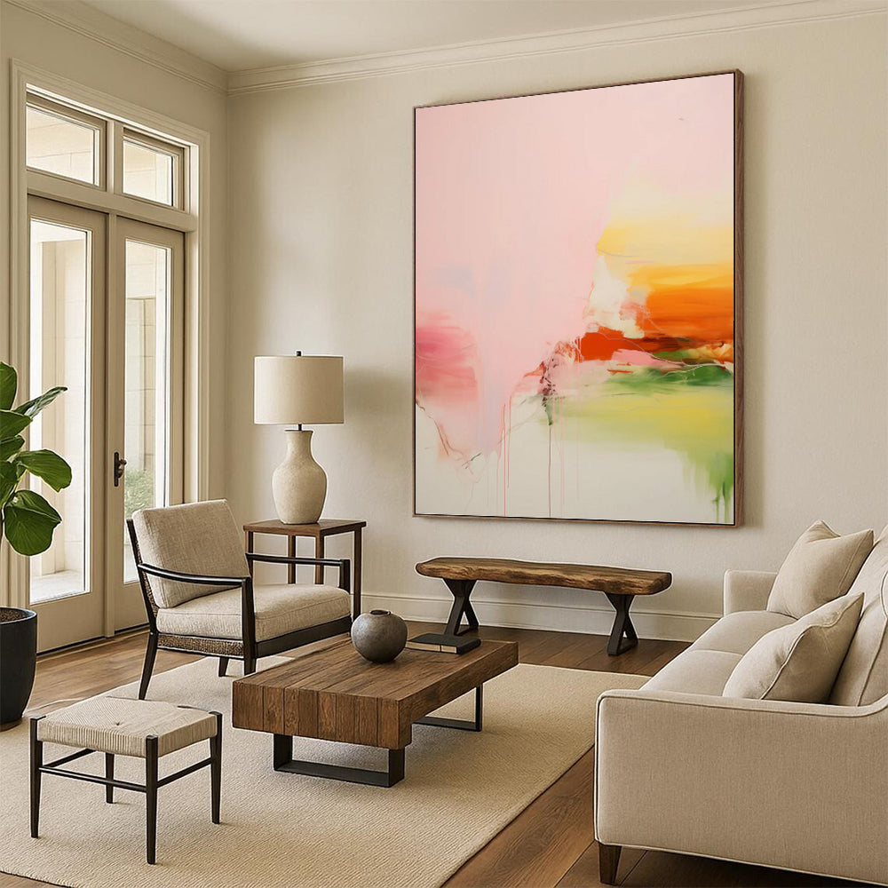 “Pink, Orange & Green Fluid Abstract Drip” Painting On Canvas DKH0991