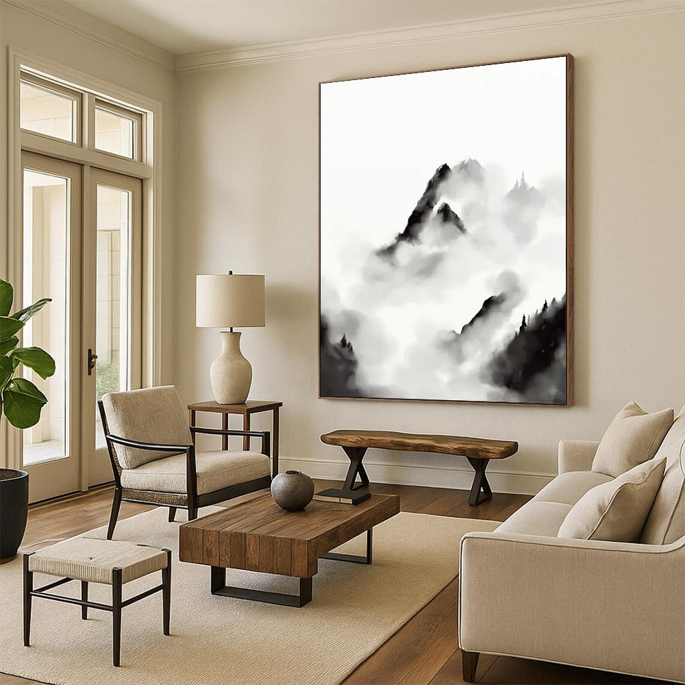 “Ink - Wash Mountain Clouds” - Black and White Ink - Wash Painting On Canvas DTP207