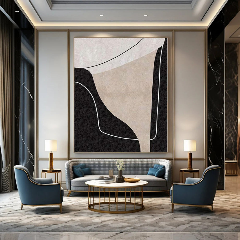 “Beige - Black - White Geometric Forms(Variation)” – Geometric Abstract Painting CT1163