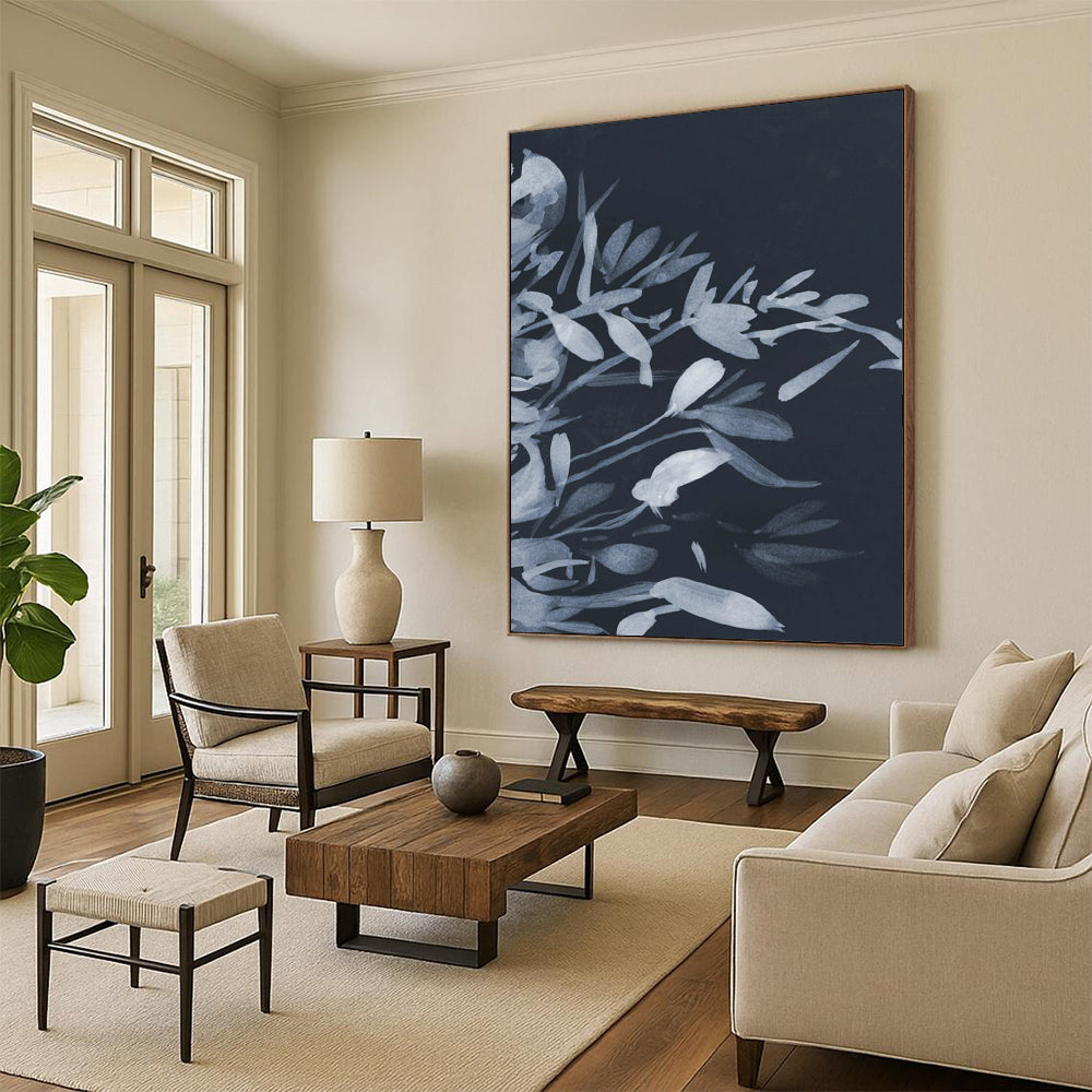 “Monochrome Floral Silhouette” - Dark Blue, Light Blue Floral Painting On Canvas DTP239