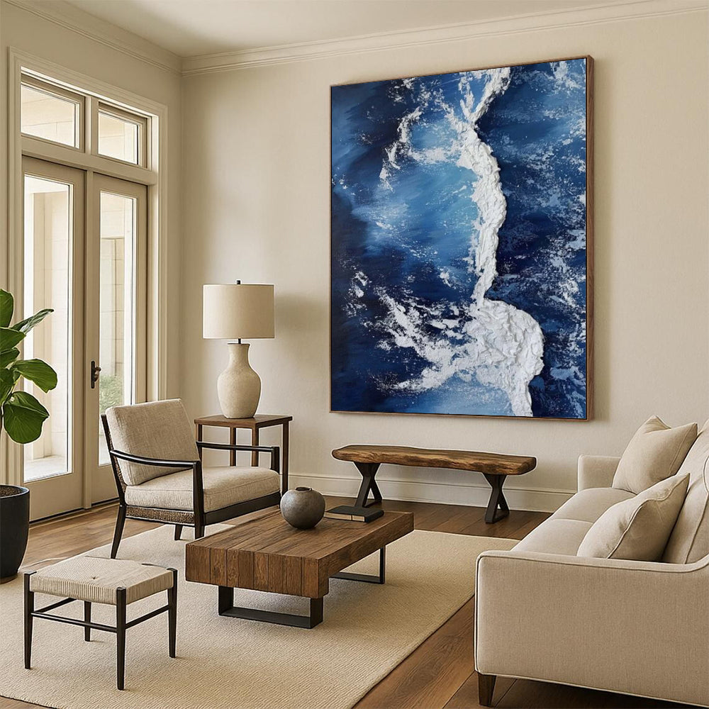 “Blue, White Textured Wave ‘Crashing Serenity’” - Impasto Sea Painting On Canvas DTP335