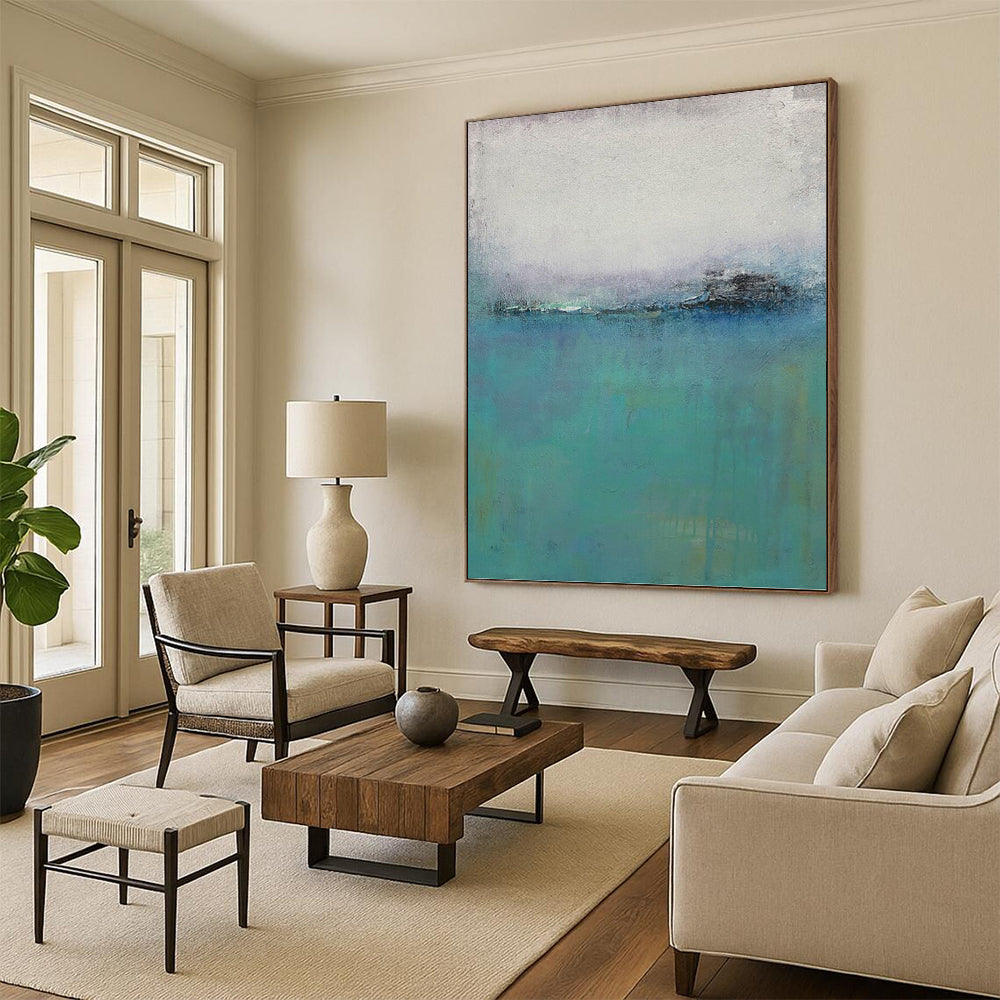 “Misty Blue Horizons” - Blue, Teal & Gray Abstract Landscape Painting On Canvas DKH1197