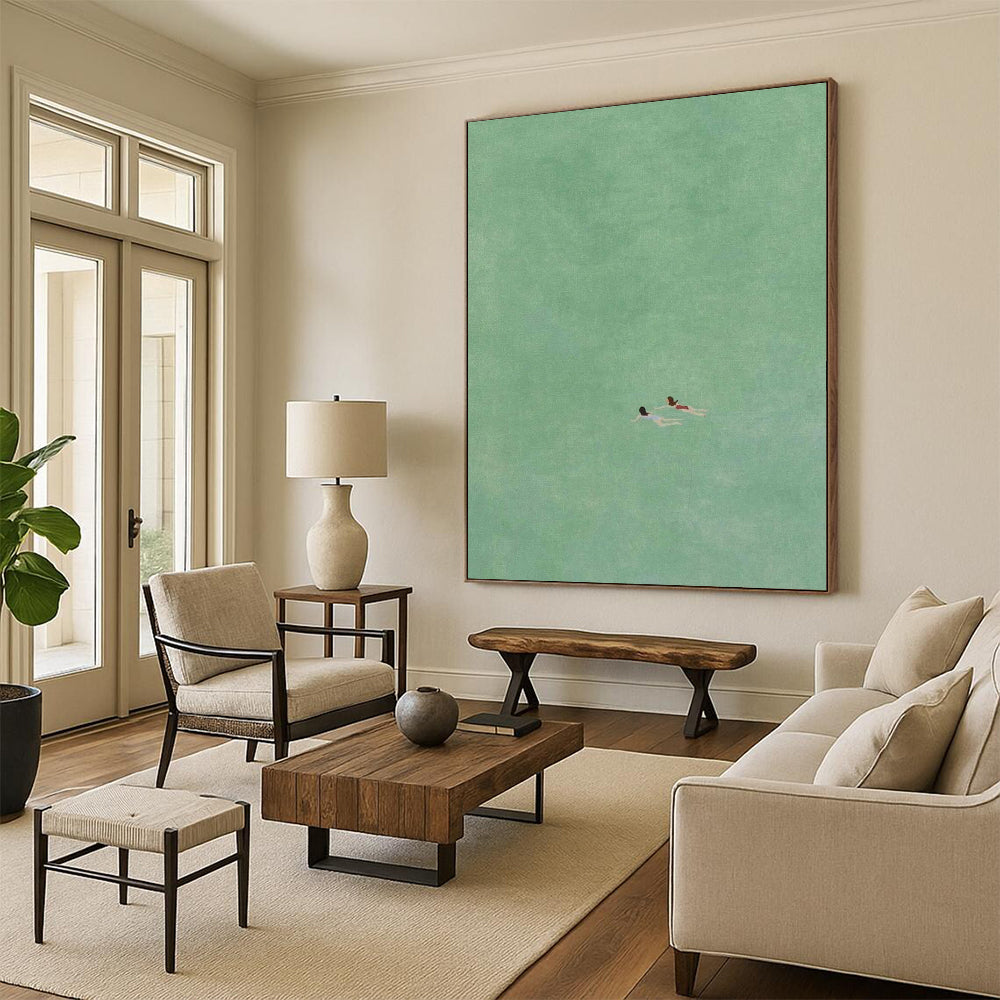 “Two Swimmers in Green” - Green, Blue, Red Minimalist Figurative Painting On Canvas DTP305