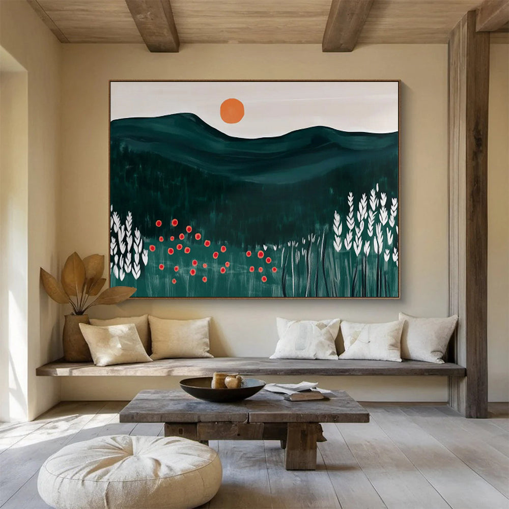 Minimalist Mountain Sunset Folk - Art Painting On Canvas DKH224