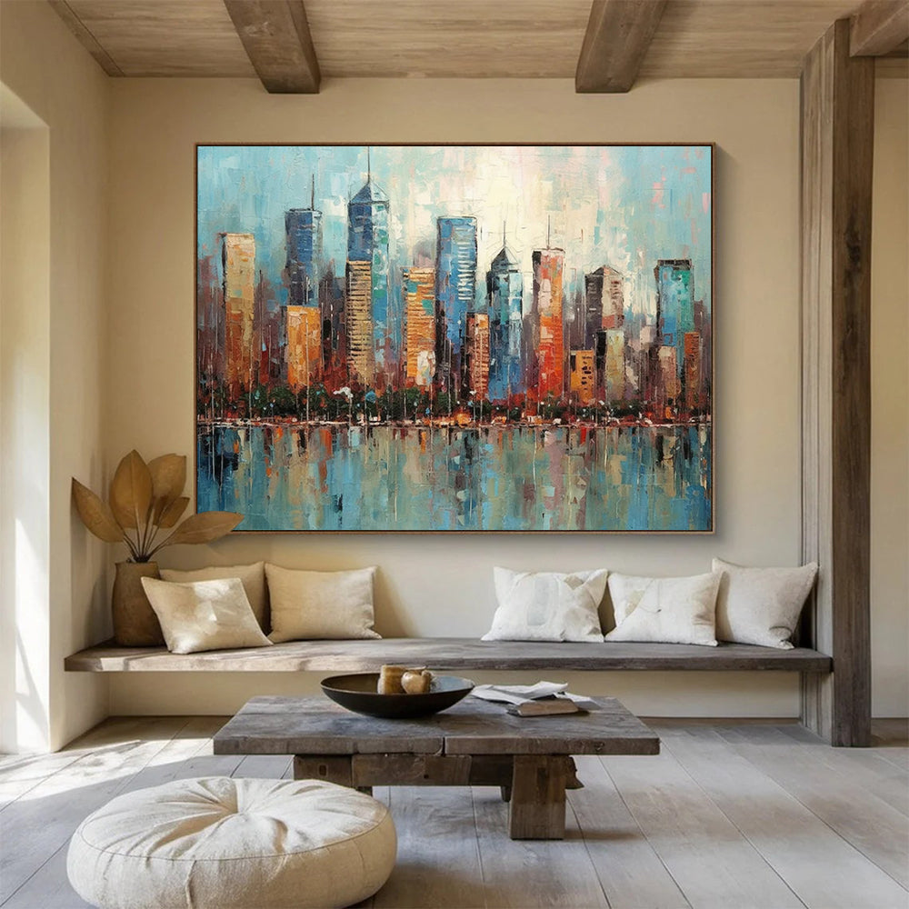“Colorful Cityscape Reflection” Cityscape Painting On Canvas DLZ077