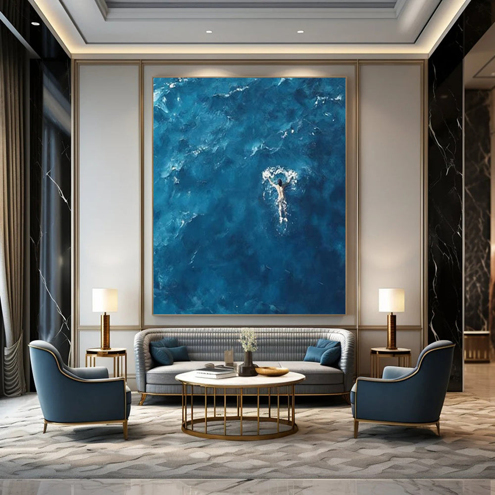 “Solitary Swimmer in Azure Sea” – Minimalist Seascape Painting CT1065
