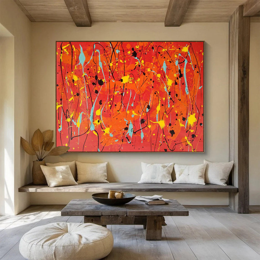 Vibrant Red and Yellow Drip Painting On Canvas DKH286