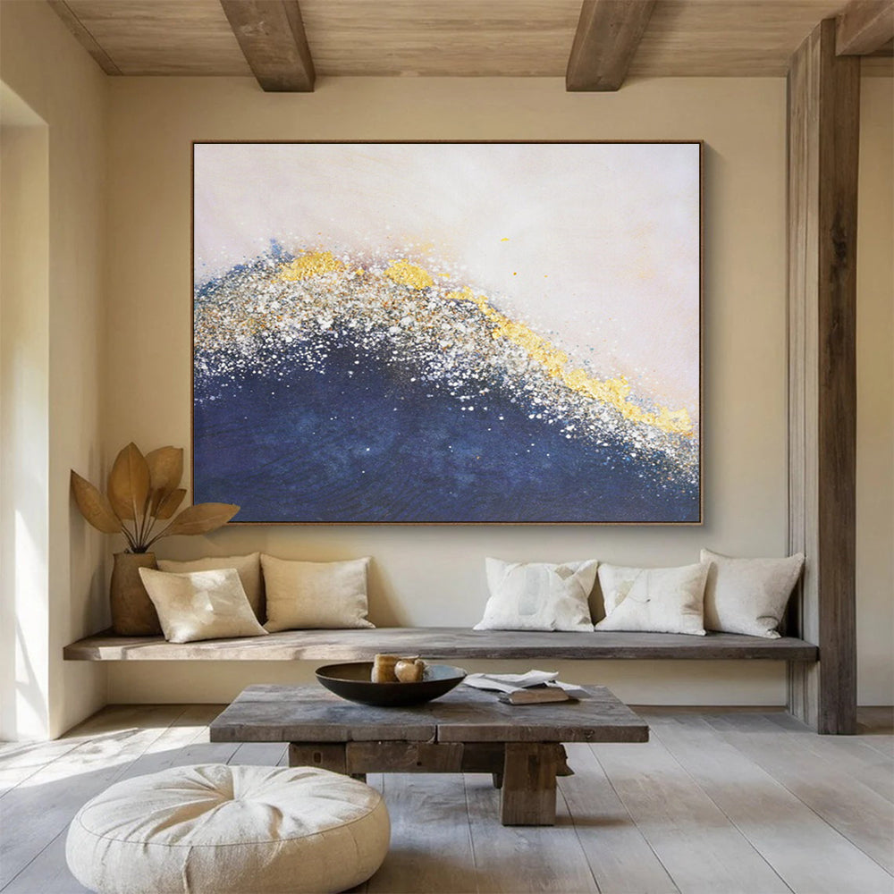 “Gilded Ocean Wave” - Navy, Gold & White Textured Abstract Painting On Canvas DLZ268