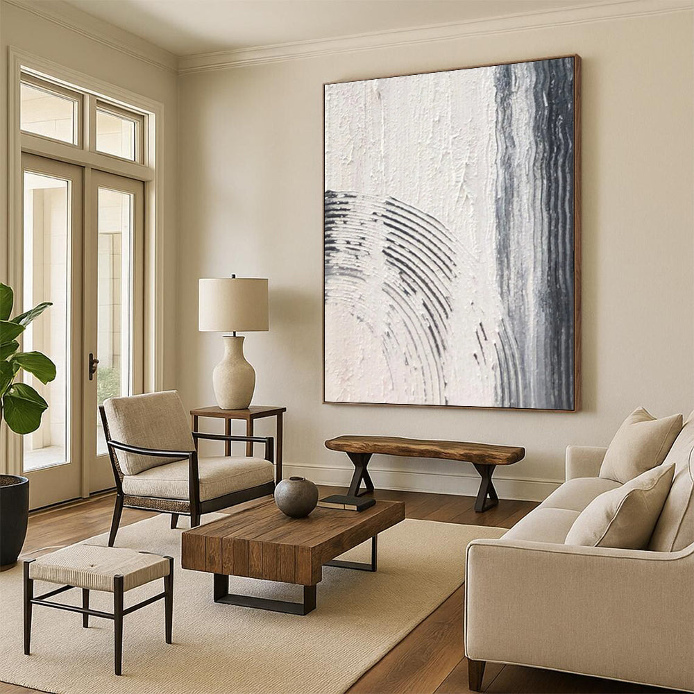 “Gray, White Textured Curves ‘Gentle Rhythm’” - Abstract Impasto Painting On Canvas DTP399