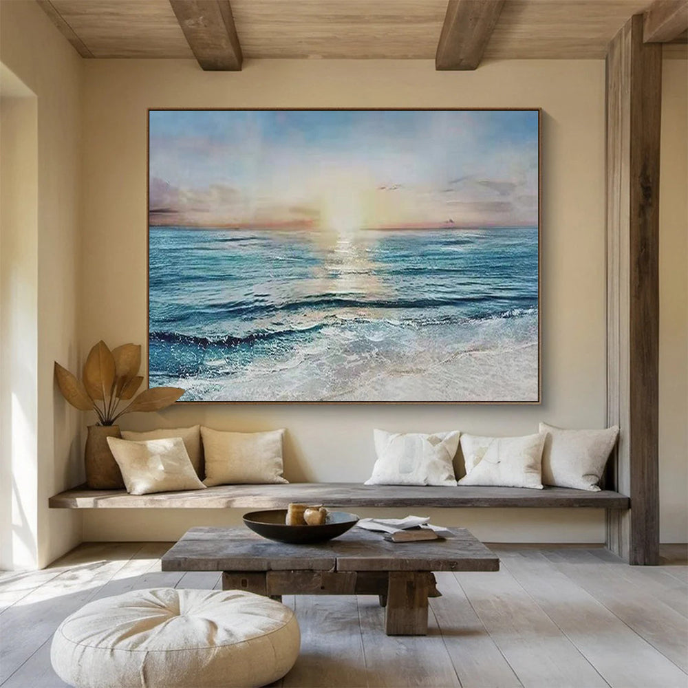 “Sunset Sea Serenity” - Orange, Pink & Blue Realist Seascape Painting On Canvas DLZ258