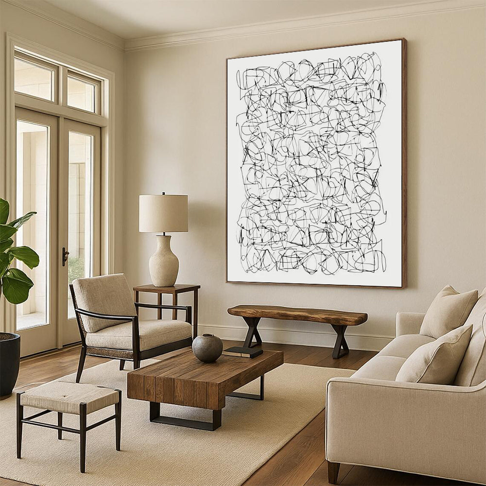 “Intricate Black & White Line Web” - Minimalist Abstract Drawing On Canvas CT2315