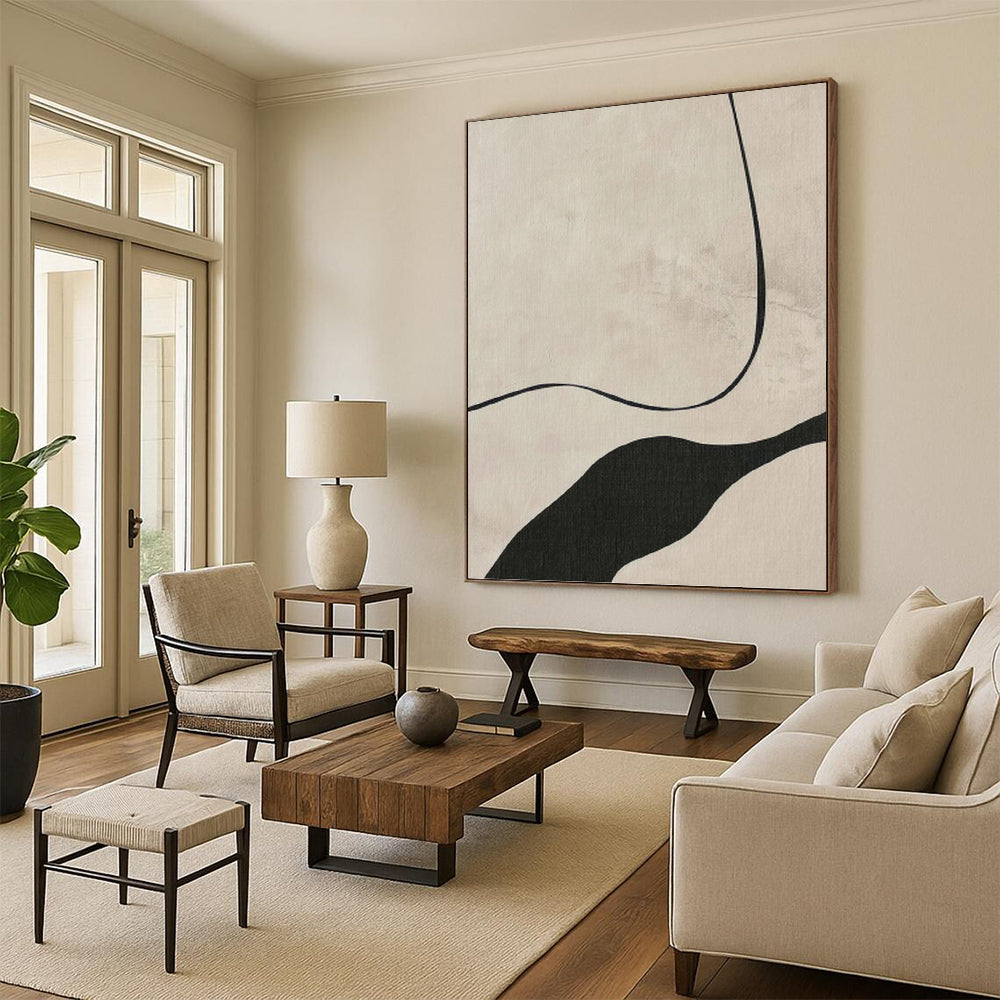 Beige & Black Curves - Minimalist Flow Painting On Canvas DKH1148