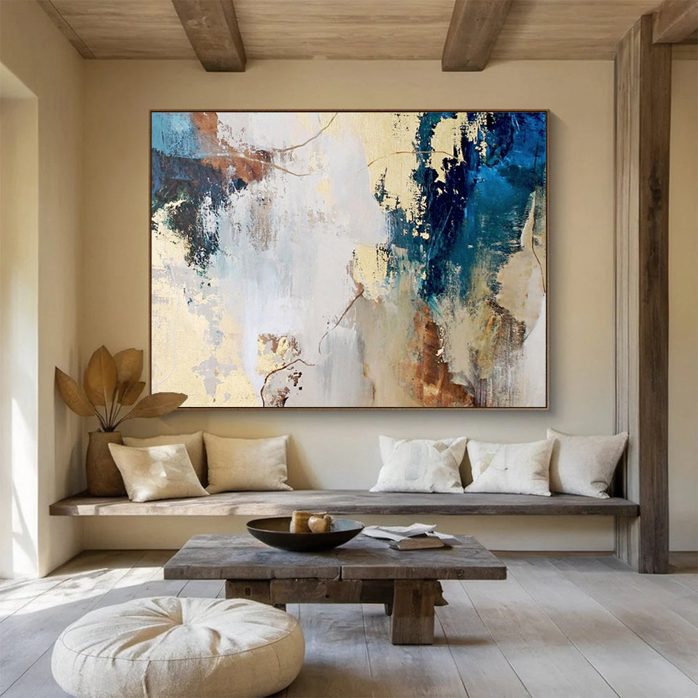 Brown, Blue, and Gold Abstract “Earthly Elegant Abstraction” Painting On Canvas DKH130