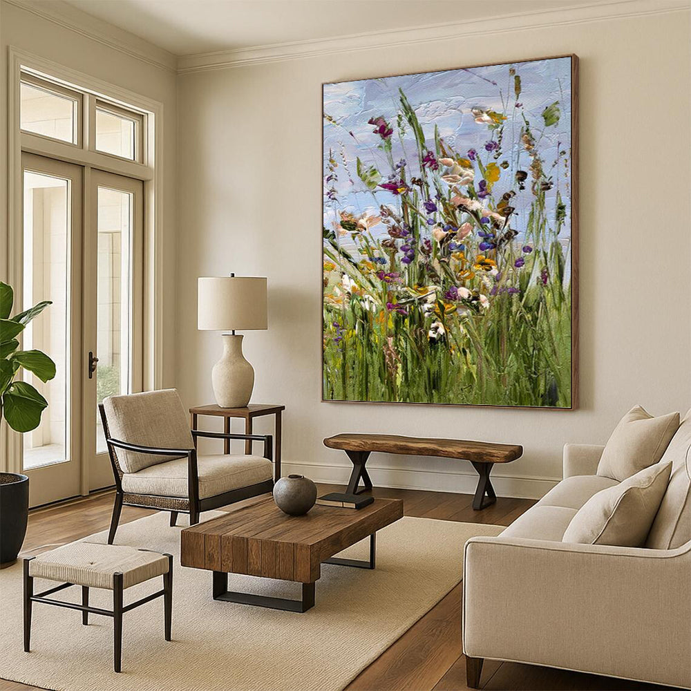 “Colorful Wildflower Impasto” - Purple, Yellow & Green Floral Painting On Canvas DKH0947