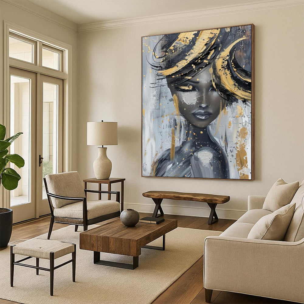 “Glamorous Gold - Accented Lady” - Gray, Black & Gold Abstract Figure Painting On Canvas CT2196