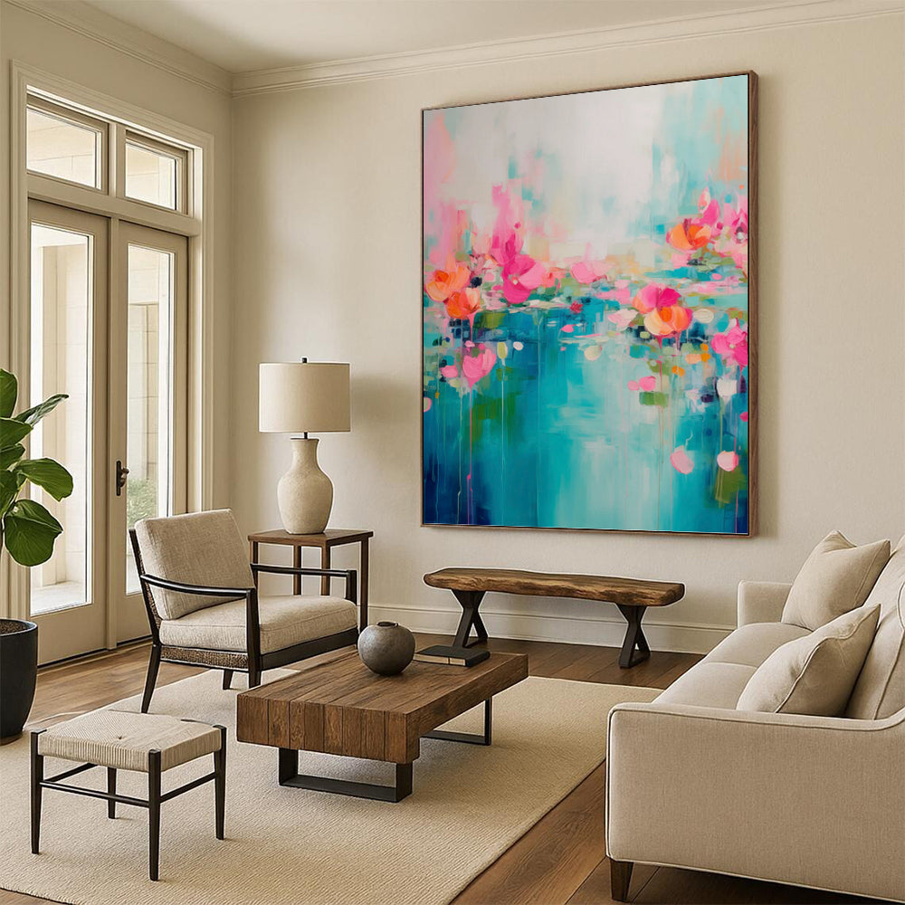 “Turquoise, Pink & Orange Floral Abstract Drip” Painting On Canvas DKH0993