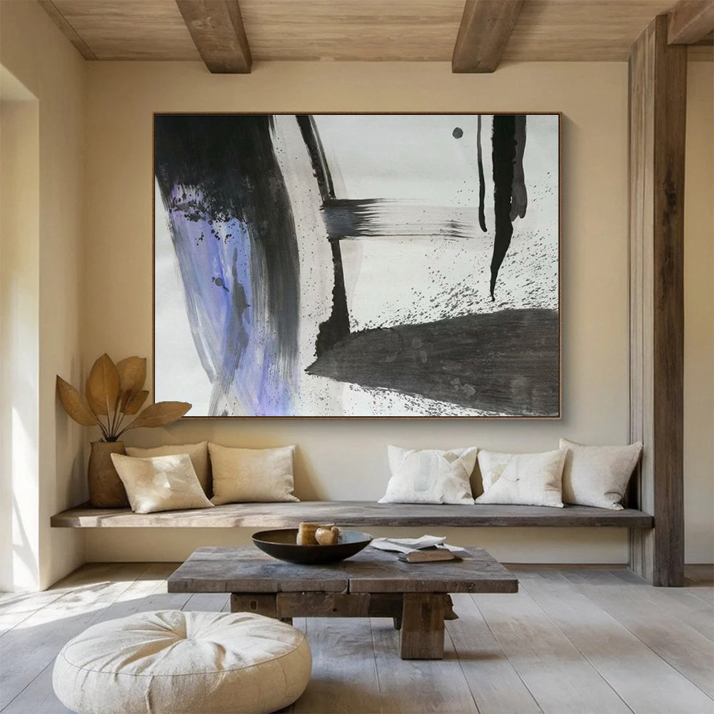 “Black, White, and Purple Abstract” - Minimalist Abstract Painting On Canvas DKH852
