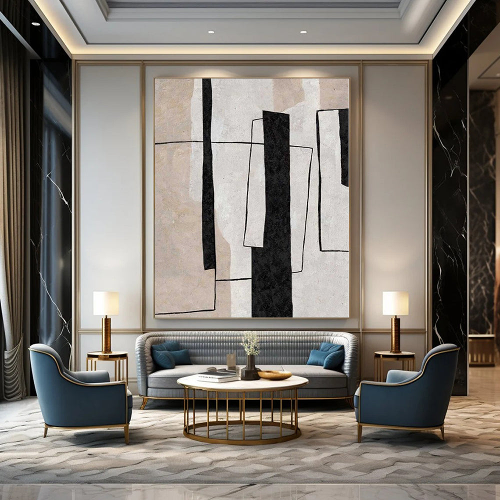 “Black - Beige Geometric Forms” – Abstract Geometric Painting CT1103
