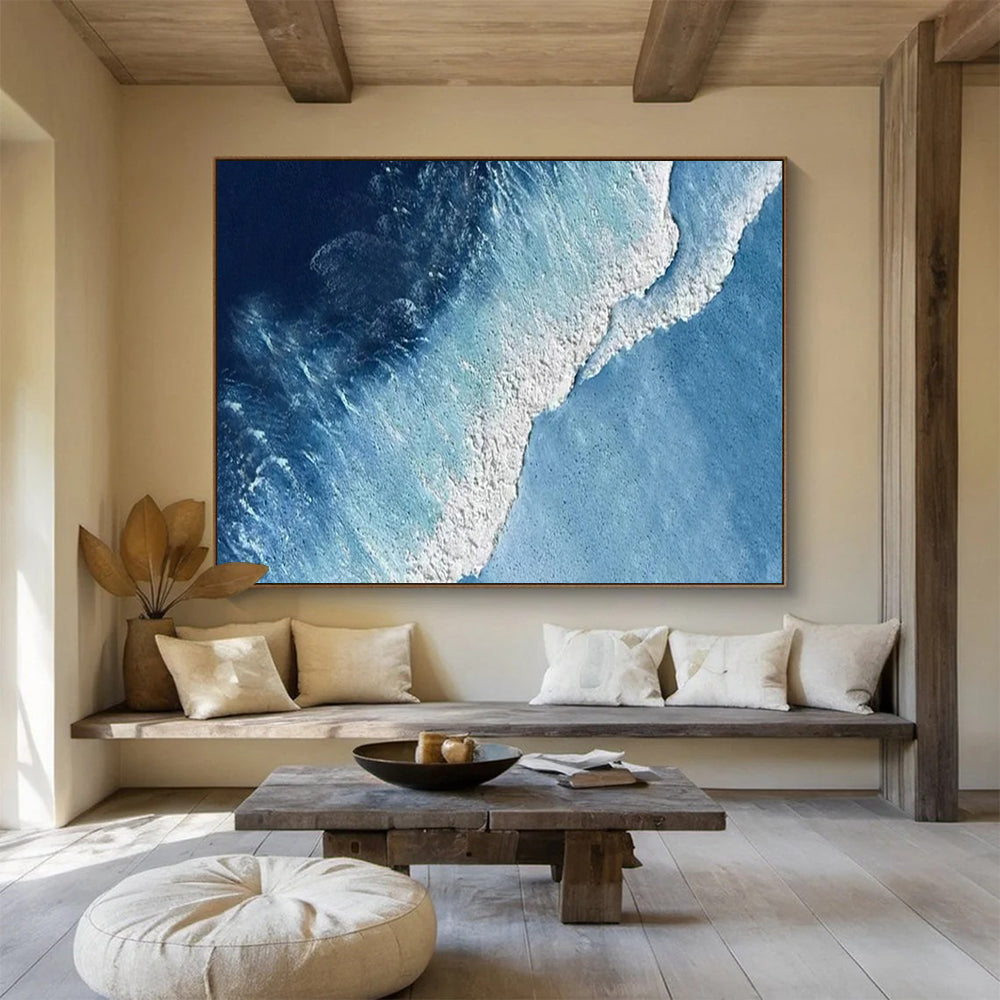 “Aerial Ocean View” - Deep Blue & White Wave Abstract Painting On Canvas DLZ256