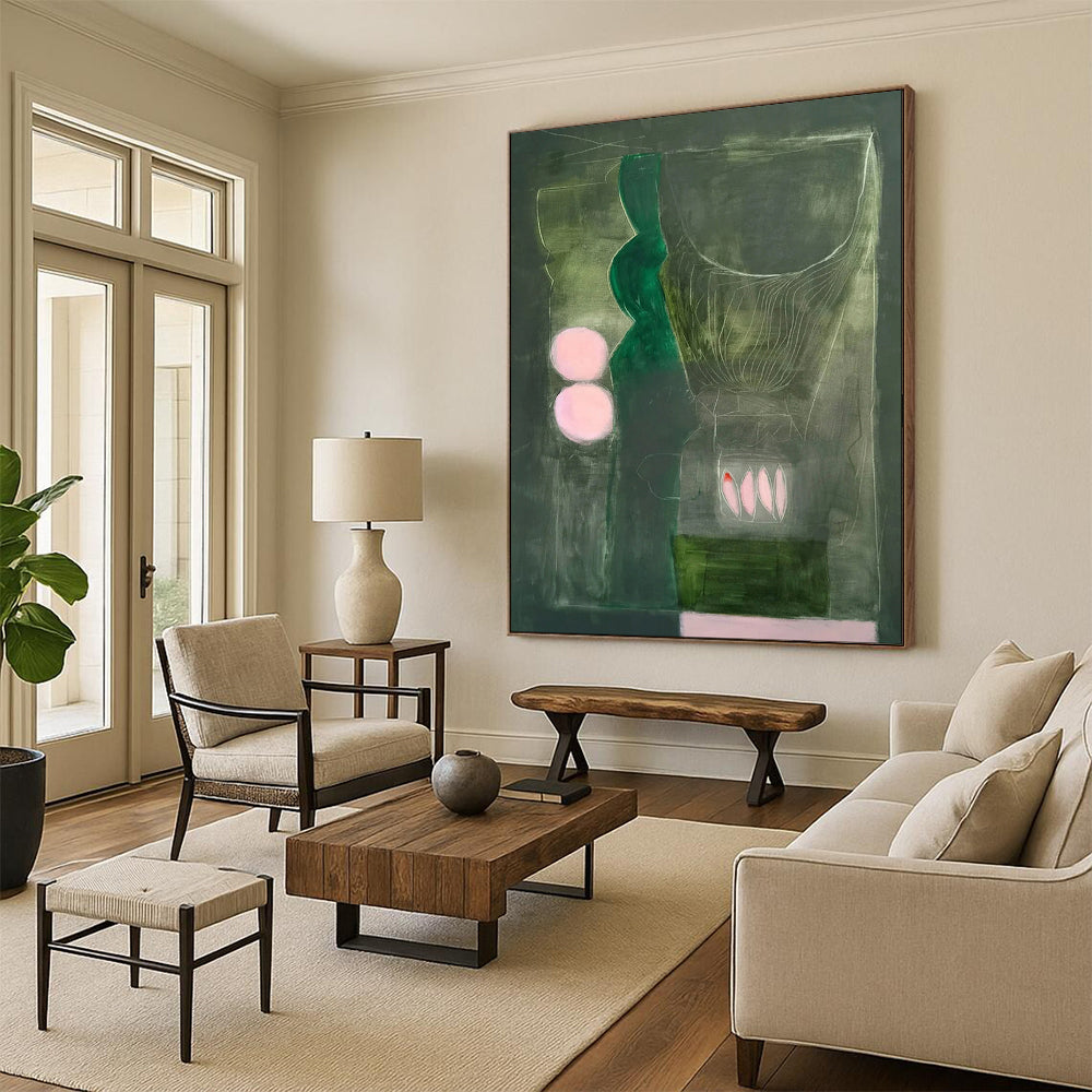 Green, Grey, Pink Accents - "Mystic Stillness" - Abstract Surrealist Painting CT1846
