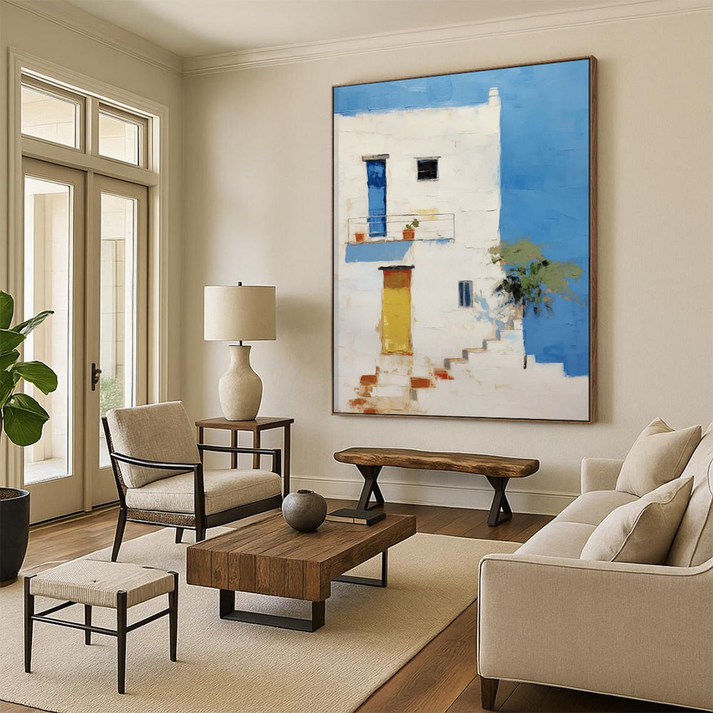White Building, Blue Sky, Colorful Doors - "Mediterranean Charm" - Impressionistic Architectural Painting CT1837
